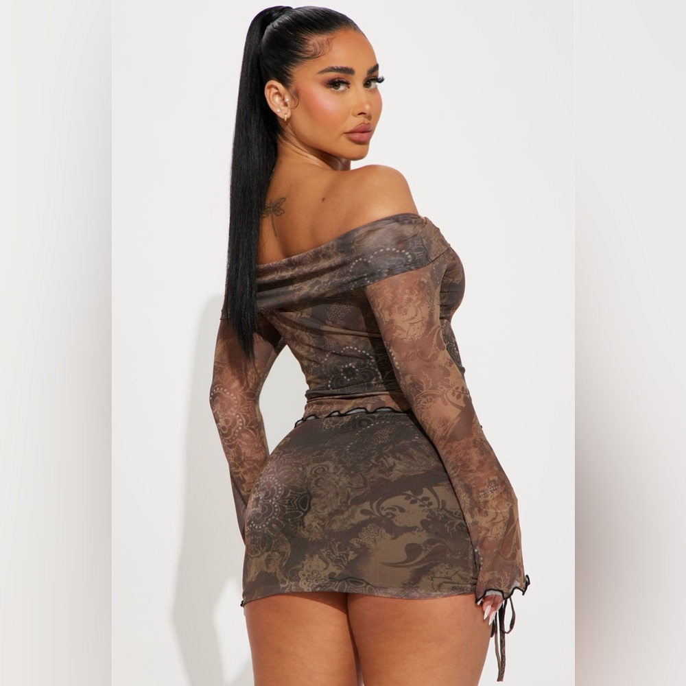Fashion Nova Luna Mesh Skirt Set- Brown - Picture 2 of 3